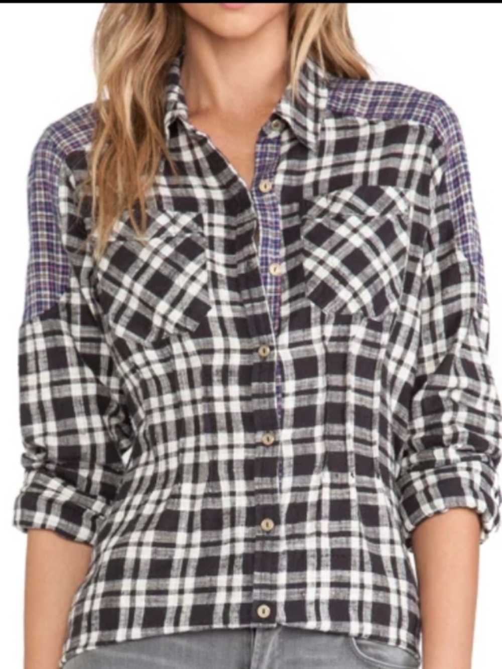 Free People Catch Up With Me Plaid Long Sleeve Flannel Black Combo Womens XS